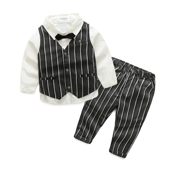 Gentlemen Boys 4 Pcs White Shirts And Stripes Printed Vests And Pants With Bow Tie