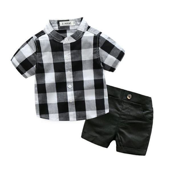 2 Pcs Set Baby Boys Plaid Printed Standing Collar Shirts And Shorts