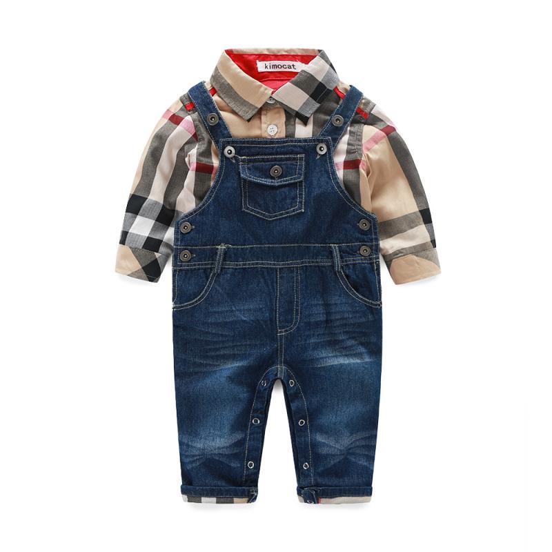 Fashionable Baby Boys 2 Pcs Cotton Stripes Printed Shirts And Denim Rompers