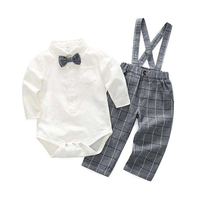 3 Pcs Boys Cotton White Color Bodysuits And Plaid Printed Rompers With Bow Tie