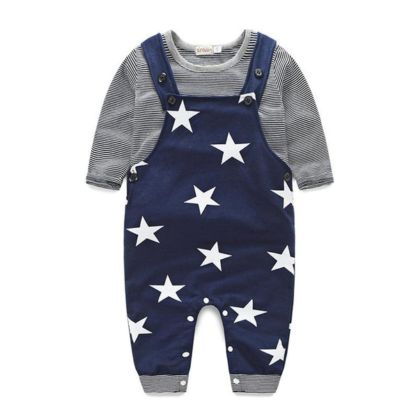 Casual Boys Cotton Stripes Printed Tops And Stars Printed Jumpsuits 2 Pcs