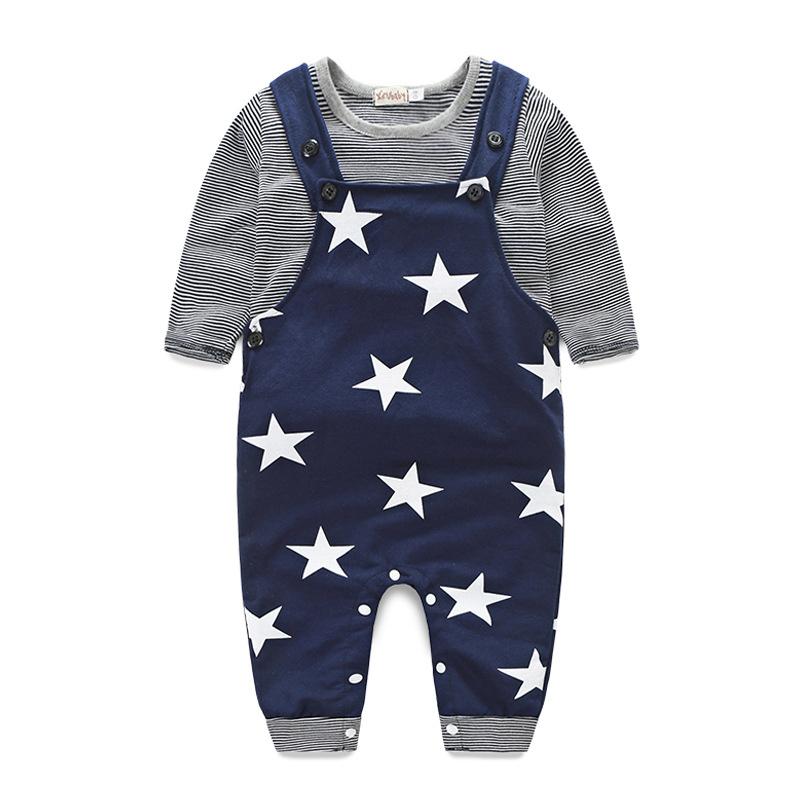 Casual Boys Cotton Stripes Printed Tops And Stars Printed Jumpsuits 2 Pcs