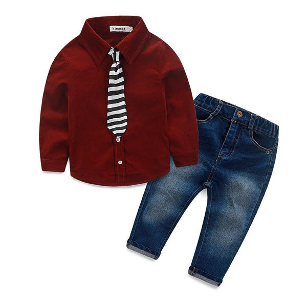 Fashionable Boys Cotton 3 Pcs Solid Color Shirts And Denim Jeans With Tie