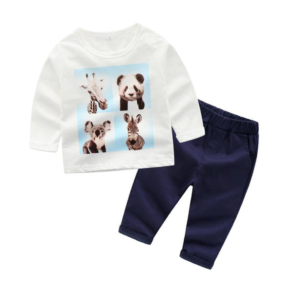 2 Pcs Set Boys Lovely Animals Printed Long Sleeves Tops And Pants