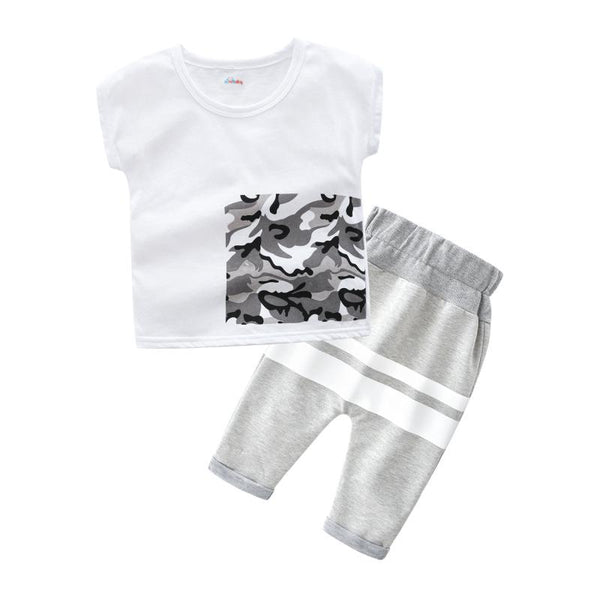 2 Pcs Boys Cotton Patchwork Short Sleeves Tops And Stripes Printed Pants