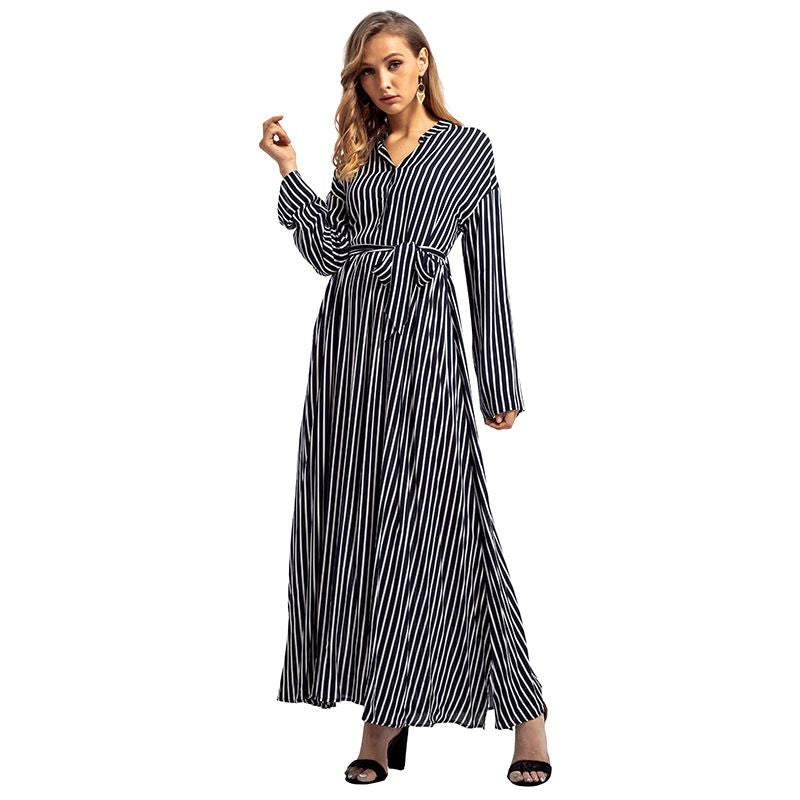 Classic Stripes Print Women Casual Style Plus Size Long Sleeves Maxi Dress