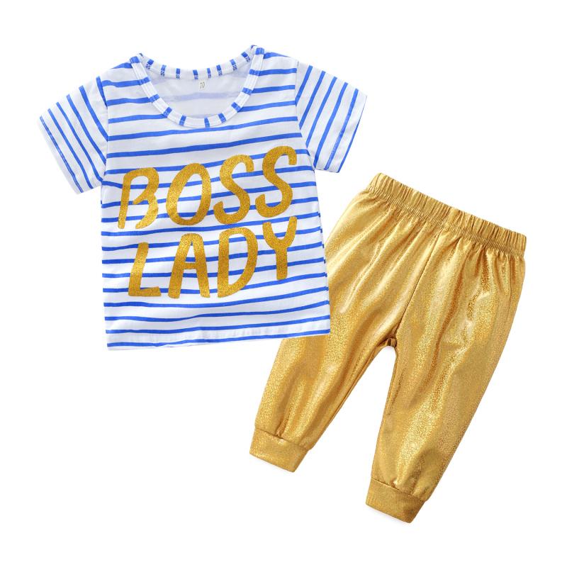 Baby Cotton Gold Letters Printed Short Sleeves Tops And Pants Set
