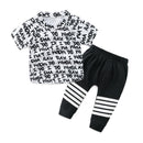 Boys Cotton Letters Printed Short Sleeves Tops And Stripes Printed Pants Set