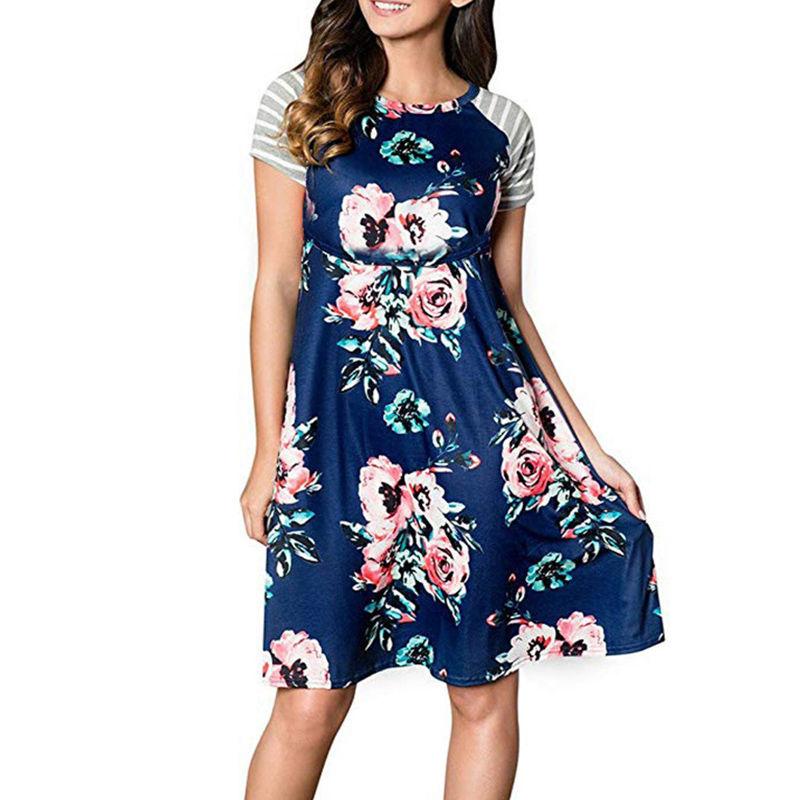 Hot Sale Mother Maternity Bright Flowers Printed Short Sleeves Nursing Dress