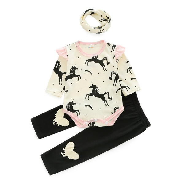 3 Pcs Baby Girls Cotton Unicorn Printed Bodysuits And Black Pants With Headbands