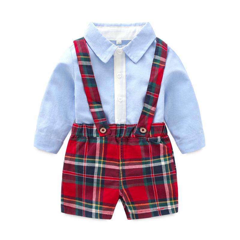 Handsome Boys Cotton Patchwork Shirts And Plaid Printed Shorts Overalls Set