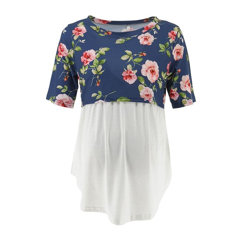 Maternity Cotton Floral Printed Patchwork Short Sleeves Nursing Tops