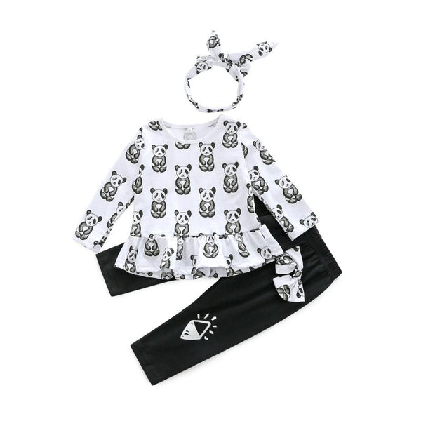 3 Pcs Set Girls Cotton Panda Printed Tops And Pants With Headbands
