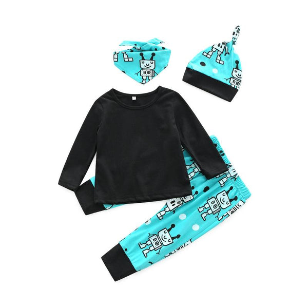 4 Pcs Boys Cotton Black Tops And Robot Printed Pants And Hats And Bibs