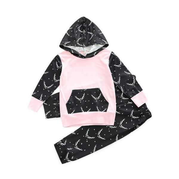 2 Pcs Set Baby Girls Printed Patchwork Long Sleeves Hoodies And Pants