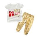 Baby Girls Cotton Letters Printed Short Sleeves Tops And PU Leather Pants Set