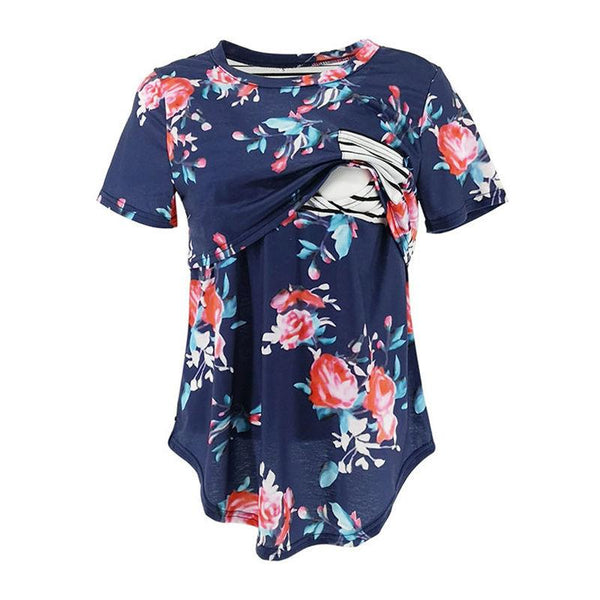 Maternity Cotton Flowers Printed Short Sleeves Nursing Tops