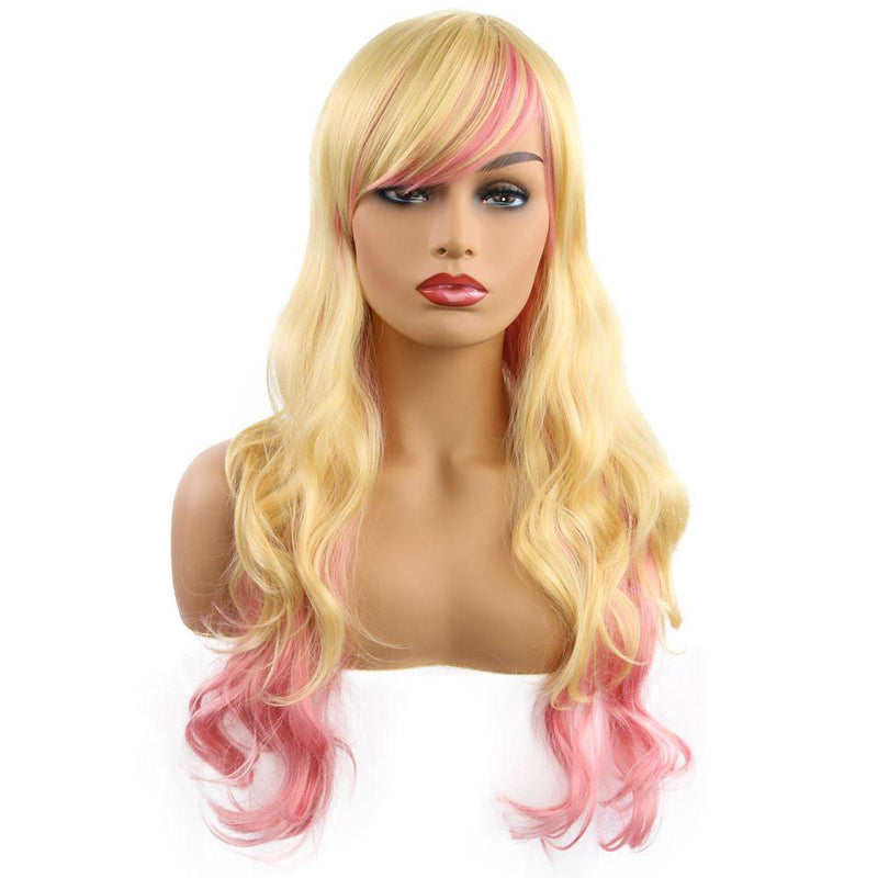 Women Fashion Blond Pink Gradient Color Design Long Wavy Hair Wig