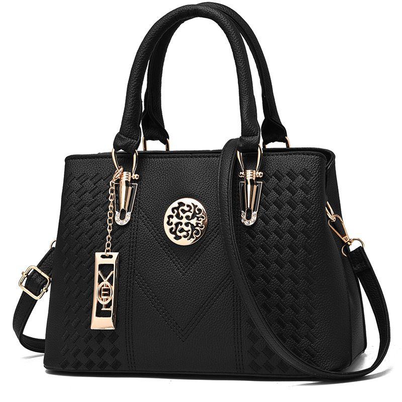 Fashion Solid Color PU Leather Stitching Design Elegant Women Handle Bag
