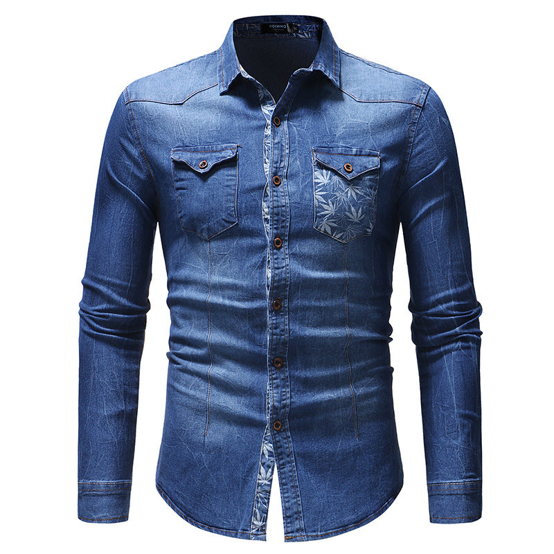 Men Cotton Leaves Printed Long Sleeves Denim Shirts