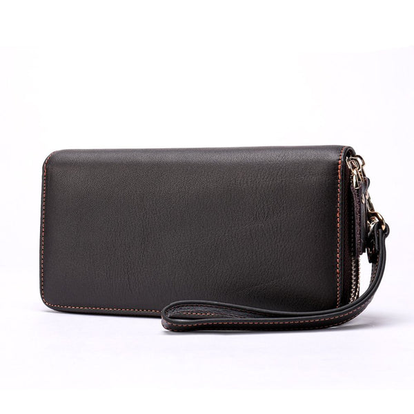Businessmen Top Grade Solid Color Genuine Leather Zipper Purse