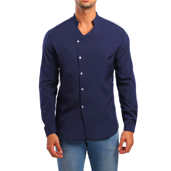 Men Standing Collar Solid Color Shirts