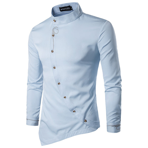 Men Solid Color Standing Collar Irregular Shirts