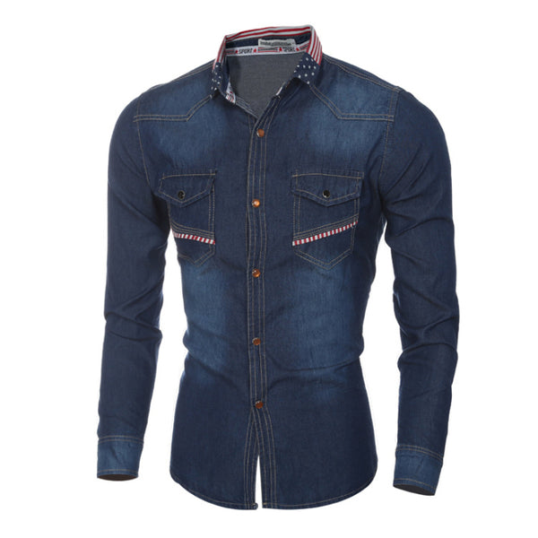 Men Cotton Pocket Design Classic Style Denim Shirts