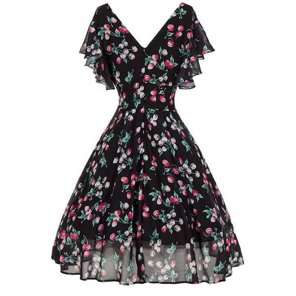 New Design Women V Neck Cherry Printed Curvy Swing Dress