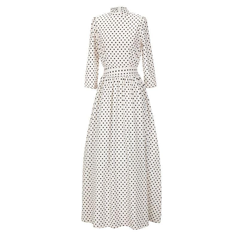 Women Classic Polka Dot Printed Mock Neck Long Sleeves Swing Dress