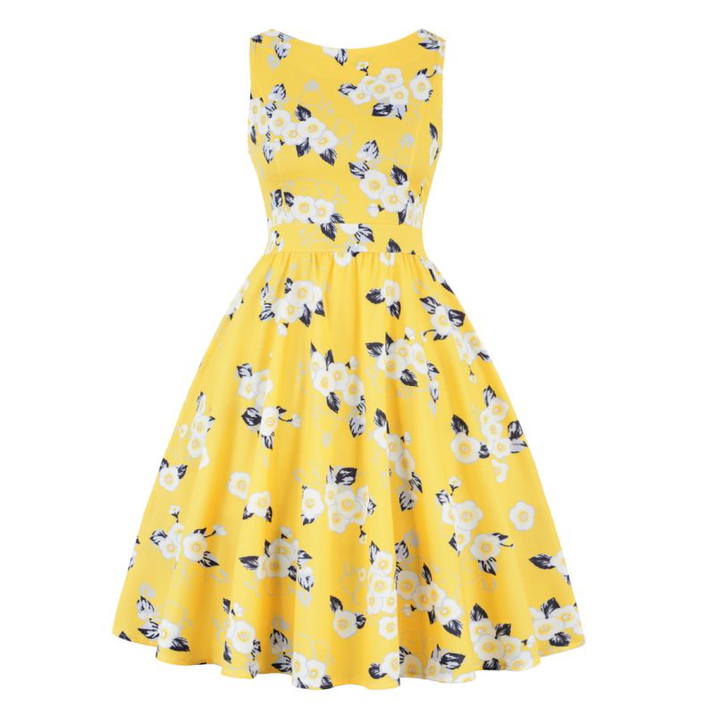 Fashion Bright Color Flowers Printed Women Sleeveless Curvy Dress