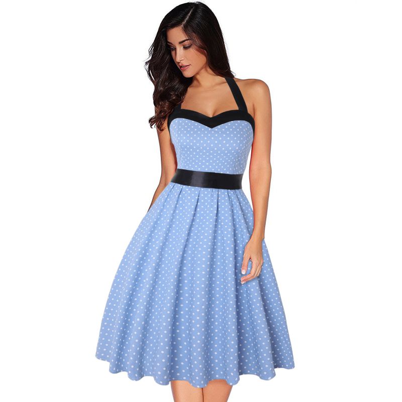 Elegant Women Vintage Style polka Dot Print Sleeveless Halter Dress