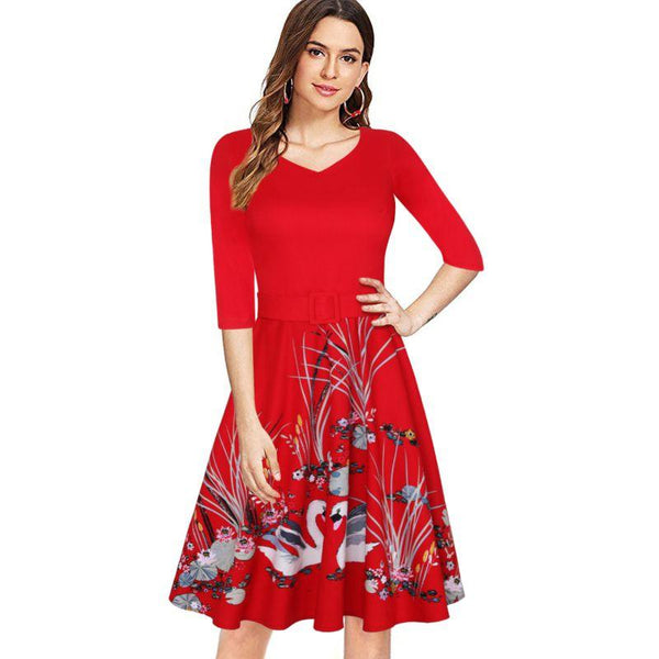 Women Elegant Half Sleeves Round Neck Vintage Floral Printed Swing Dress