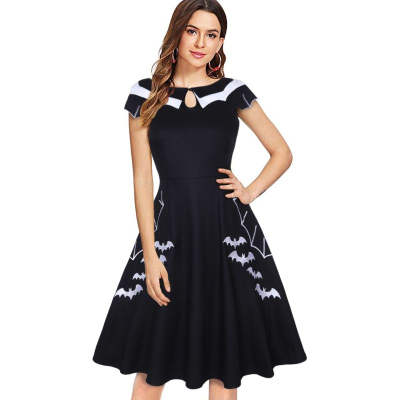 Fashion Unique Bat Embroidered Women Horrible Theme Party Curvy Dress