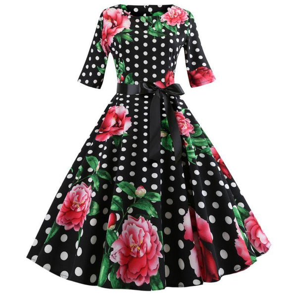 Women Elegant Rose Polka Dot Printed Half Sleeves Swing Dress