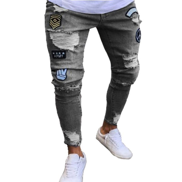 High Quality Men Fashion Applique Ripped Jeans