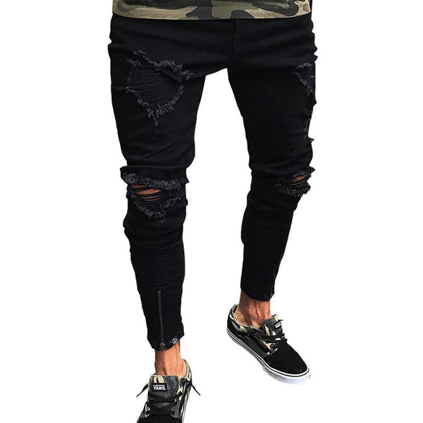 High Street Men Zipper Design Ripped Denim Jeans