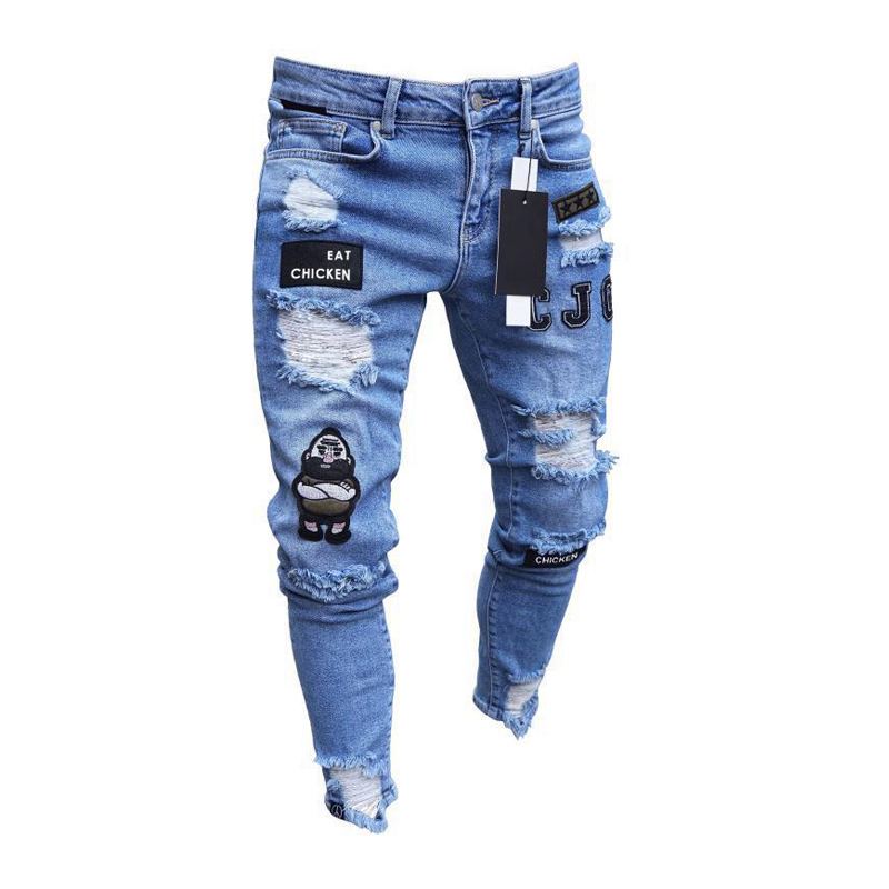High Quality Men Fashion Applique Ripped Jeans
