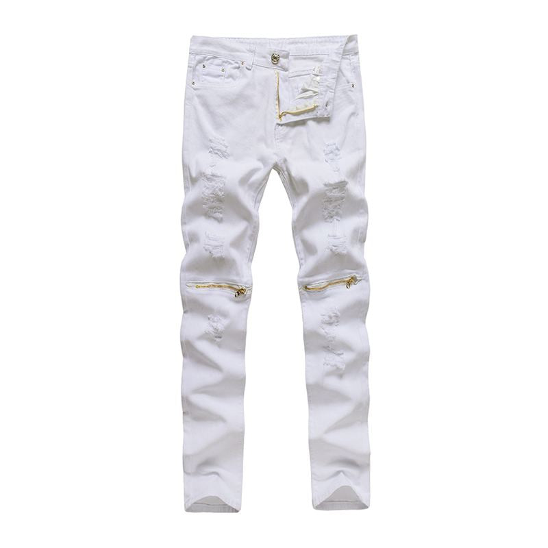 Men Cotton Solid Color Ripped Feet Jeans