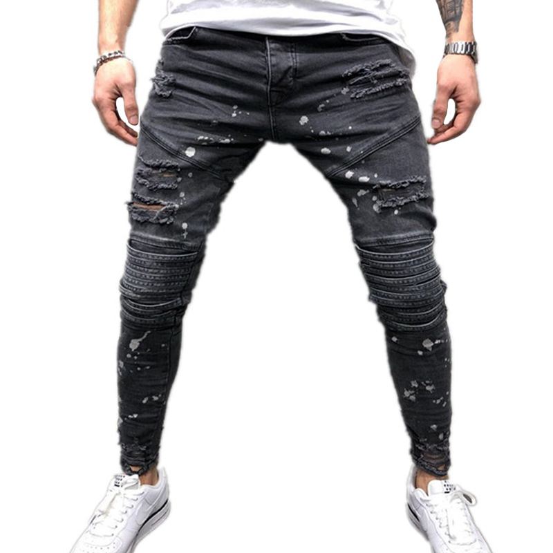 Men Cotton Dots Printed Slim Fit Ripped Pencil Jeans