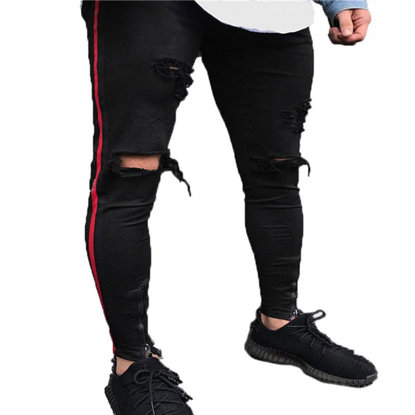 High Street Men Stripes Printed Zipper Jeans With Holes