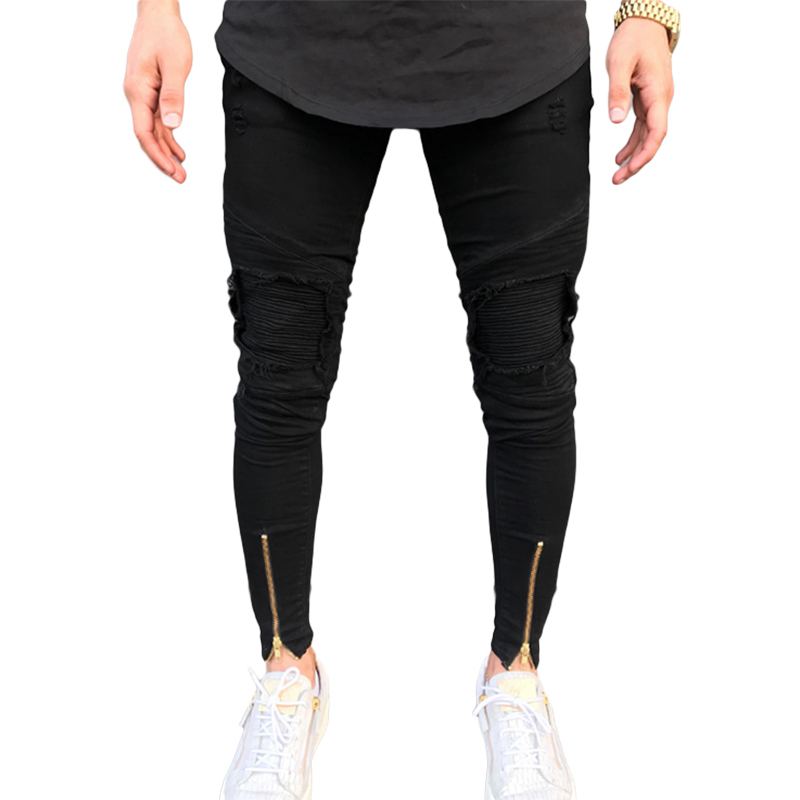 High Street Men Applique Zipper Design Stretchy Tight Jeans