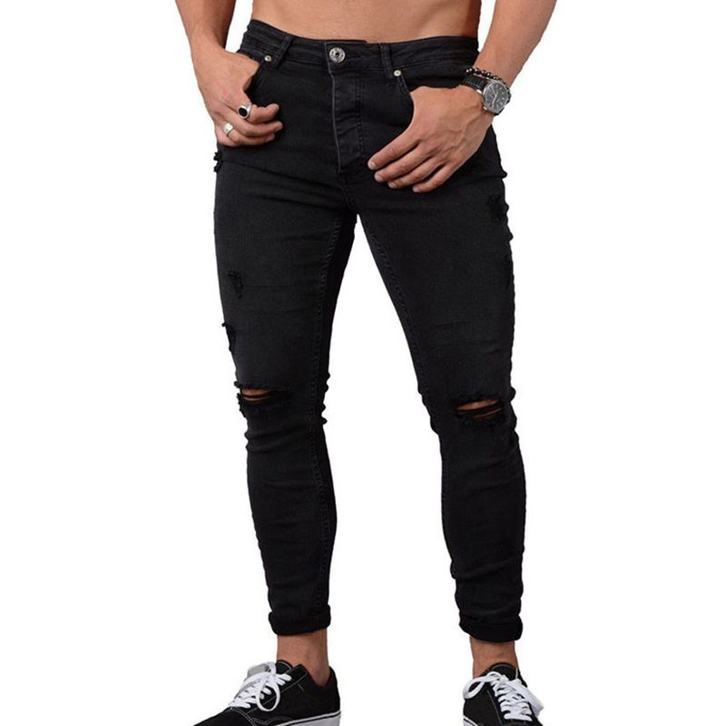 Hot Sale Men Solid Color Stretchy Ripped Jeans