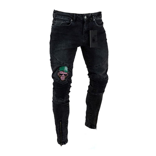 Men Fashion Applique Zipper Design Denim Jeans