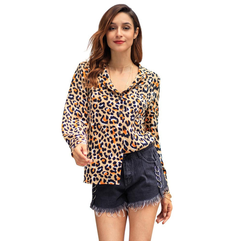 New Design Leopard Print Chiffon Long Sleeves Blouse