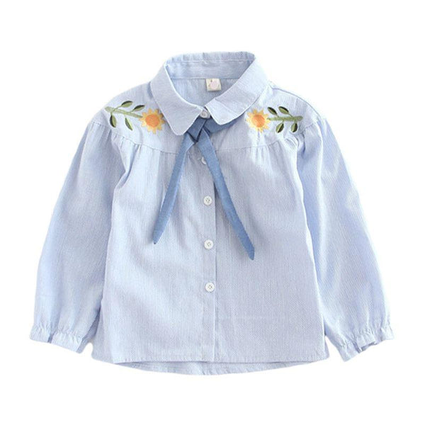 Girls Flower Embroidered Lace-up Lapel Blouse