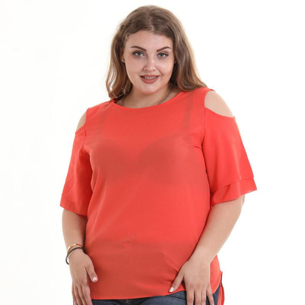 Women Casual Style Solid Color Cool-shoulder Short Sleeves T-shirt