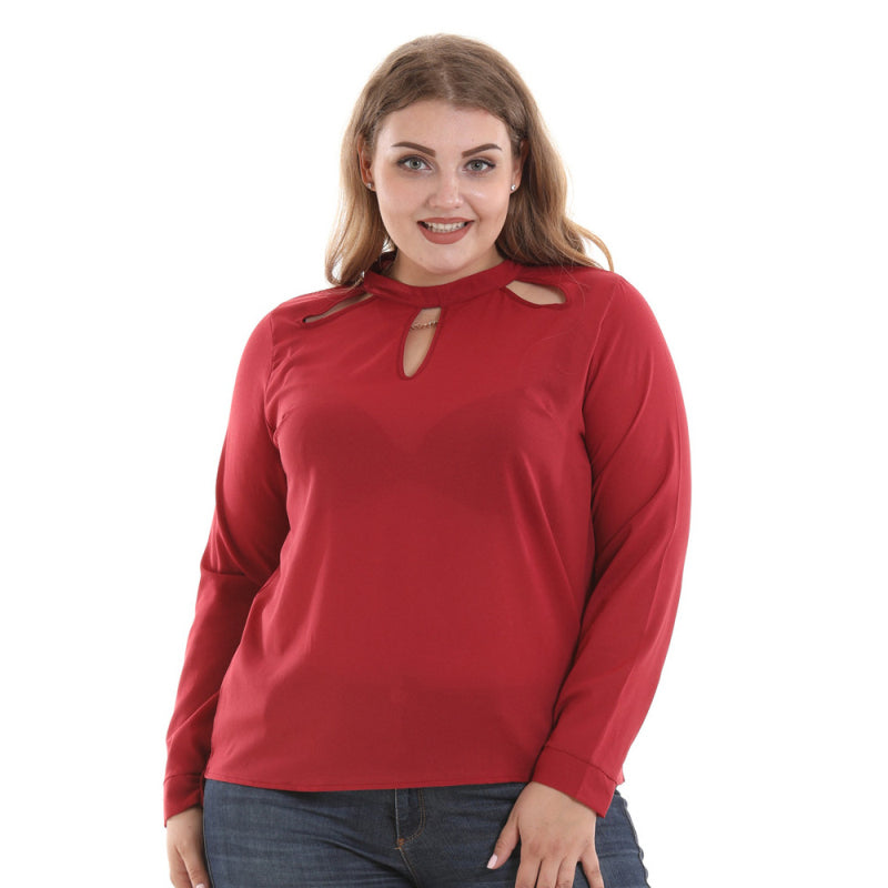 Fashion Women Solid Color Unique Hollow Out Collar Design Plus Size Blouse