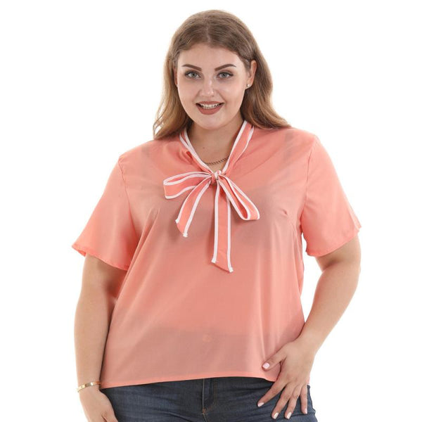 Plus Size Women Solid Color Sweet Lace-up Design Short Sleeves Blouse