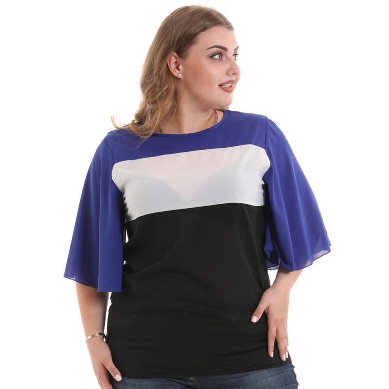 Women Geometric Color Blocking Design Half Sleeves Plus Size Chiffon Top